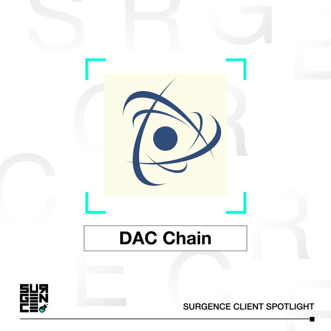 A "Surgence Client Spotlight" graphic featuring the DAC Chain logo—an abstract circular design with intersecting curves and a central dot—framed by teal corner brackets, with the "DAC Chain" name displayed below. The image ties directly to the post by highlighting DAC Chain as a featured project, aligning with the caption's praise of its practical, enterprise-focused blockchain utility rather than mere speculation.