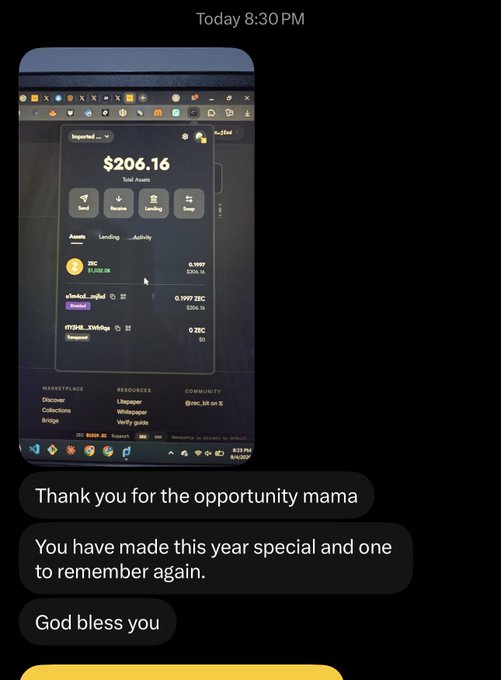 The image shows a screenshot of a Zcash wallet interface displaying a total balance of $206.16, including 0.1999 ZEC, alongside a heartfelt message thanking "mama" for the opportunity and blessing her, celebrating a winning trade from $8 to $206.