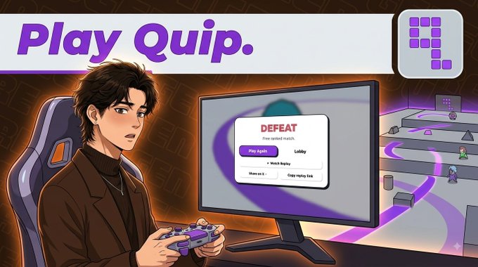 An illustrated promotional image titled 'Play Quip.' featuring a young man in a brown jacket holding a purple controller while looking at a monitor displaying a 'DEFEAT' screen with options like 'Play Again' and 'Lobby.'
