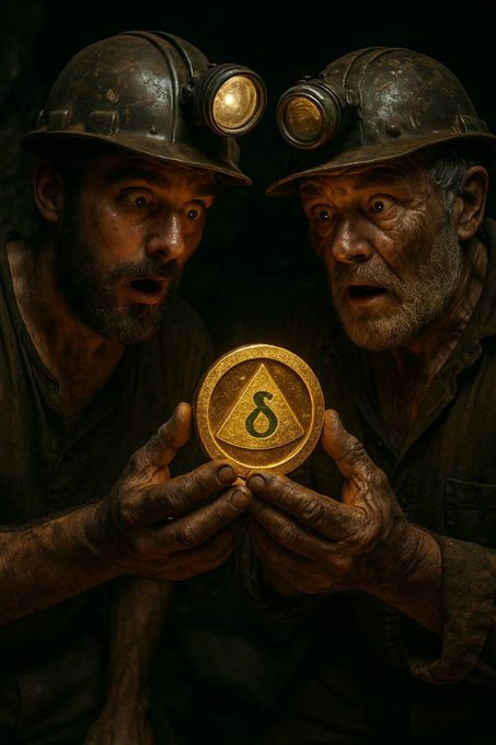 Two weathered miners in hard hats with headlamps gaze in wide-eyed wonder at a glowing gold coin etched with the Delta (δ) symbol, visually capturing the post's message about Delta being a hidden gem of immense value waiting to be discovered beneath the surface of mainstream attention.