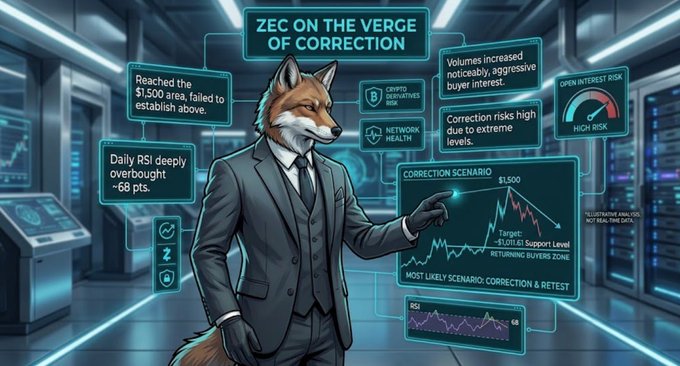 An anthropomorphic fox in a suit stands in a futuristic trading room pointing at a "Correction Scenario" chart for $ZEC, with on-screen text highlighting the cryptocurrency's rejection at the $1,500 level and a daily RSI deeply overbought at ~68 points.