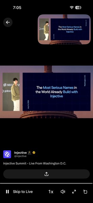 A screenshot from the Injective Summit live stream from Washington D.C., showing a presentation slide titled "The Most Serious Names in the World Already Build with Injective" from July 2023, promoting real-time coverage of the crypto event.