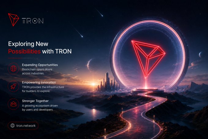 A TRON blockchain promotional banner titled 'Exploring New Possibilities with TRON', highlighting 'Expanding Opportunities', 'Empowering Innovation', and 'Stronger Together' features, set against a cosmic landscape with a glowing red TRON logo and tron.network URL.