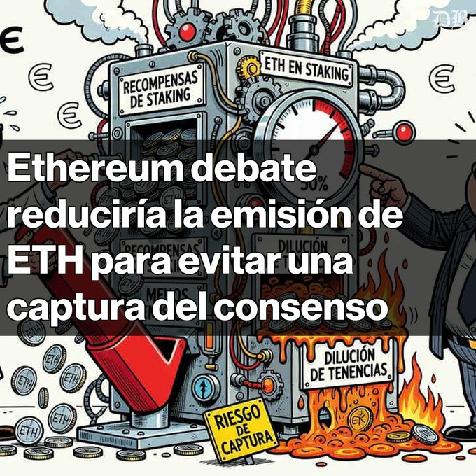 A cartoon illustration of a machine with gears and gauges related to staking, with text reading 'Ethereum debate reduciría la emisión de ETH para evitar una captura del consenso' and labels like 'RECOMPENSAS DE STAKING', 'ETH EN STAKING', 'DILUCIÓN DE TENENCIAS', and 'RIESGO DE CAPTURA'.