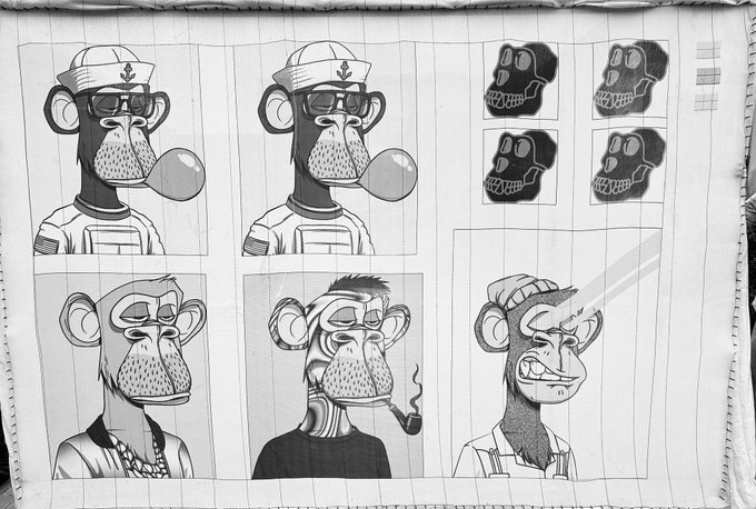 A black-and-white illustration on lined paper showing six Bored Ape-style characters in various poses, including sailors and smokers, alongside four skull icons.