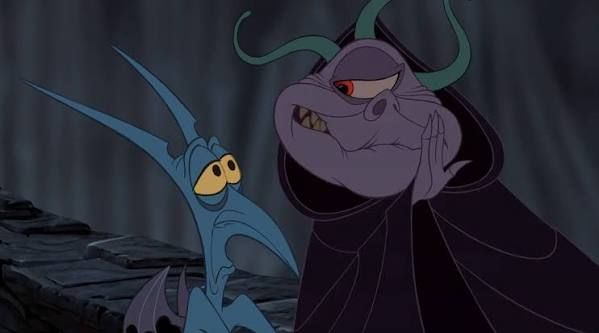 An image of Chernabog, the villain from Disney's Fantasia, appearing as a large purple demon alongside two gargoyle creatures against a dark background.
