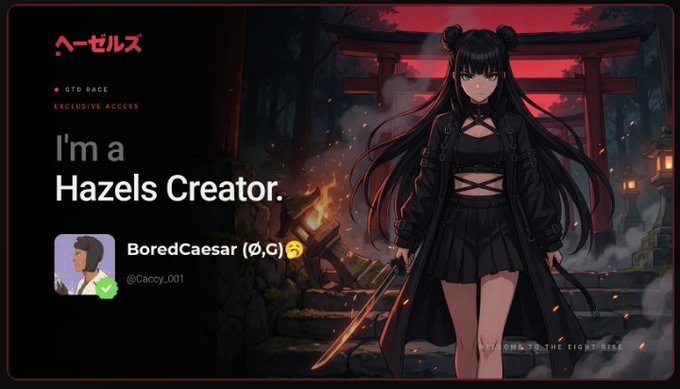 A digital banner featuring anime-style artwork of a dark-haired girl with twin buns holding a sword, with text reading 'ヘーゼルズ', 'I'm a Hazels Creator', and 'BoredCaesar (Ø,G) @Caccy_001'.