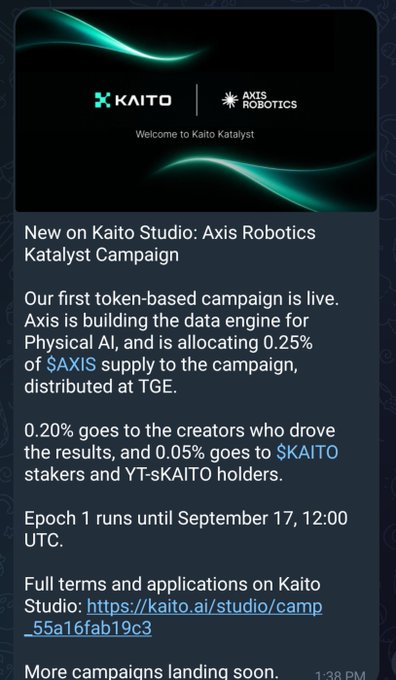 A mobile screenshot announcing the 'Axis Robotics Katalyst Campaign' on Kaito Studio, explaining the first token-based campaign and its distribution of $AXIS and $KAITO supply.