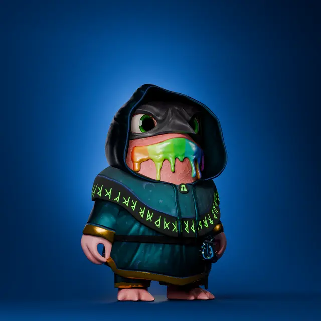 A 3D-rendered character wearing a dark hooded robe with glowing green rune-like text, featuring colorful paint dripping from its face and holding small objects, set against a blue background.