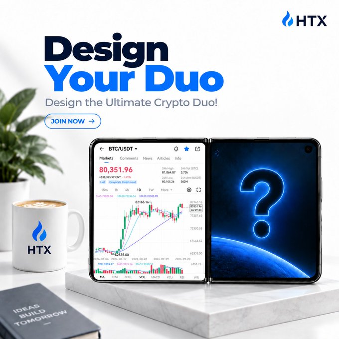 The image shows a promotional ad for HTX's "Design Your Duo" contest, featuring a split-screen foldable device where one side displays the HTX BTC/USDT trading chart at 80,351.96 and the other side shows a glowing blue question mark—visually representing the "blank" second screen users are invited to design themselves. A "JOIN NOW" button and the tagline "Design the Ultimate Crypto Duo!" tie directly into the post's call for participants to fill in the missing half of their perfect crypto setup.