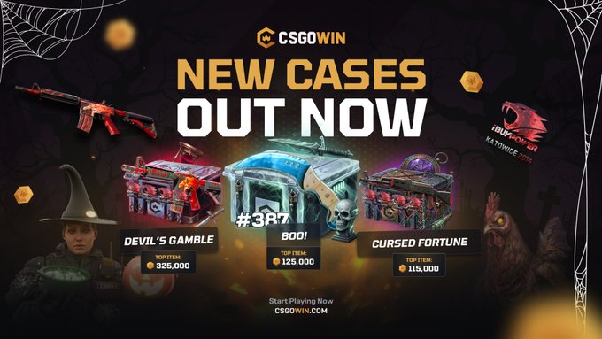 A promotional banner for CSGOWIN advertising 'NEW CASES OUT NOW' featuring three Halloween-themed cases: 'DEVIL'S GAMBLE' (325,000), '#3R7 BOO!' (125,000), and 'CURSED FORTUNE' (115,000), with a website link to CSGOWIN.COM.