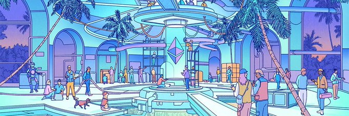 The image features a large mural depicting an indoor scene with people walking around, palm trees, and a pool area. The mural also includes a building that appears to be a shopping mall or a similar establishment. The artwork is done in a cartoon style, giving it a playful and whimsical feel. The post about the ethereum foundation has been shared on social media platforms, reaching a wide audience.