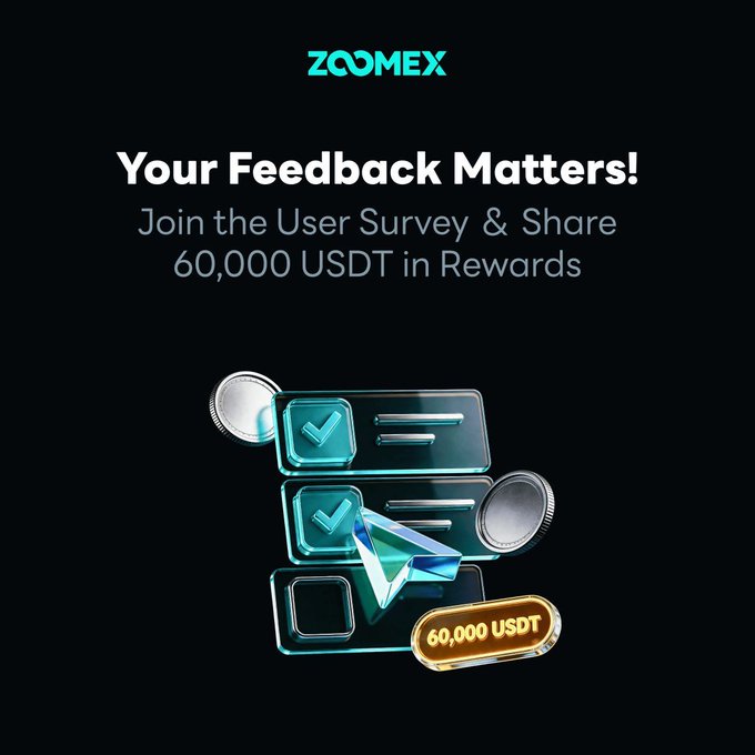 The image features a poster for a contest that encourages users to complete a survey about their experience with Zoomex. The poster includes a blue and green checkerboard design with a gold "X" symbol, which represents the survey questions. The text on the poster reads "Your Feedback Matters! Join the User Survey & Share 60,000 USDT in Rewards". The post also mentions that there is a prize pool of 60,000 USDT for those who complete the survey within the given time frame.