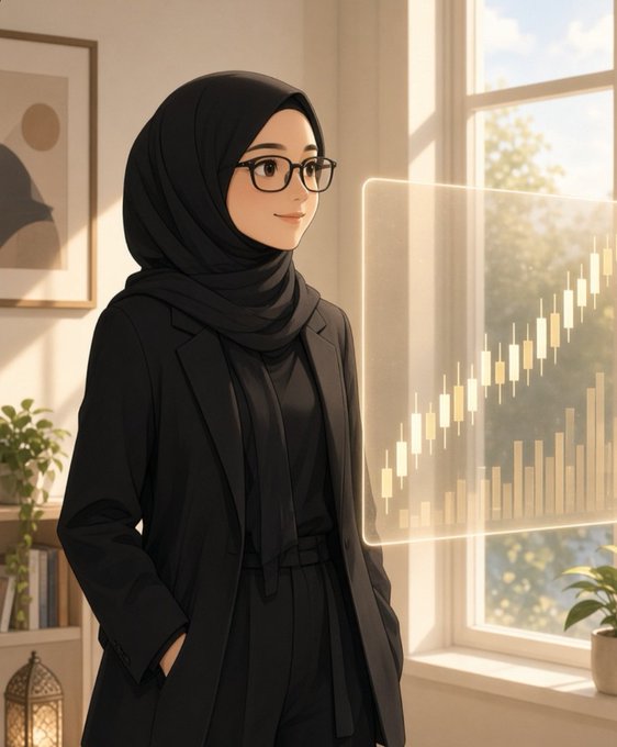 An anime-style illustration of a smiling young woman wearing a black hijab, glasses, and a black blazer, standing indoors near a window while a holographic candlestick financial chart glows beside her.