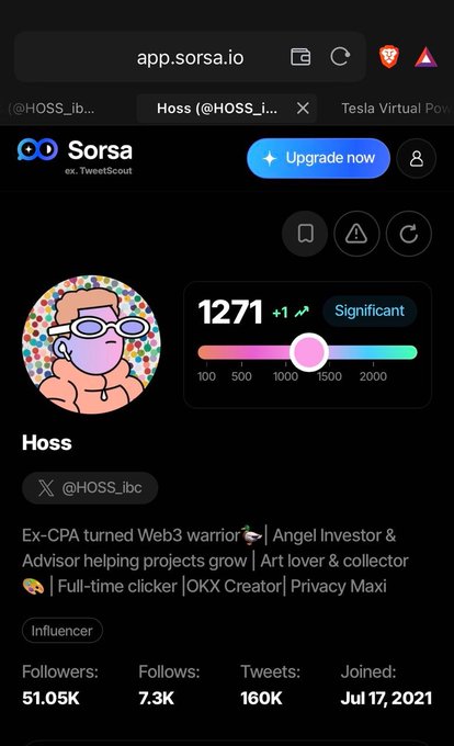 A Sorsa (ex-TweetScout) Twitter analytics profile for user 'Hoss' (@HOSS_ibc) showing a score of 1271 (Significant), with 51.05K Followers, 7.3K Follows, 160K Tweets, joined Jul 17, 2021, describing him as an 'Ex-CPA turned Web3 warrior, Angel Investor & Advisor'.