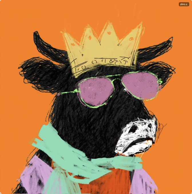 A whimsical illustration depicts a regal black bull wearing a golden crown and oversized pink-lensed sunglasses against a bright orange background, with "BVLL" visible in the top right corner. The crowned, "bullish" bovine playfully personifies the post's enthusiastic endorsement of @FarmerUnionXRPL, visually representing the slang term "bullish" as a confident, crown-wearing king of the crypto herd.