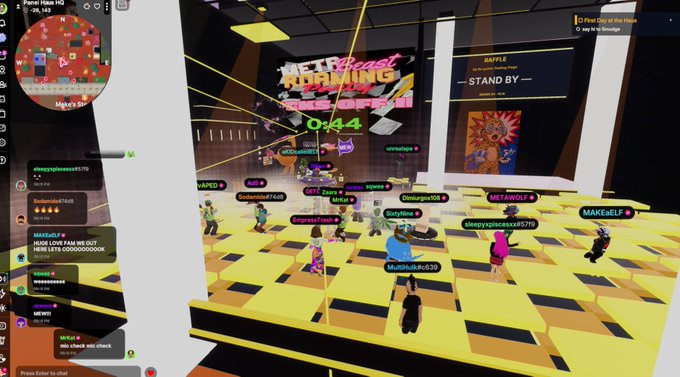 A screenshot of a multiplayer virtual reality game called 'Planet Floor HQ' where numerous avatar players are gathered in a neon-lit digital lobby above a yellow and black checkered floor.