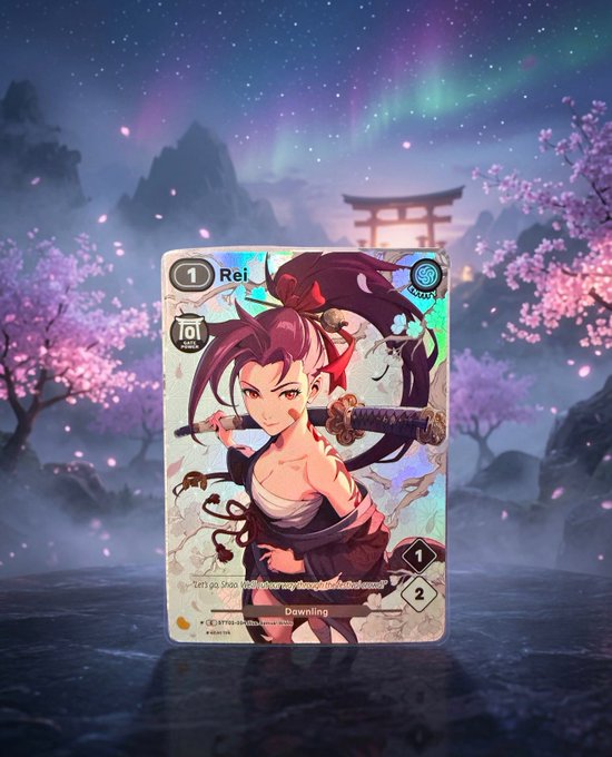 A holographic "Rei" card from Azuki TCG, marked with a cost of 1 and a "Dawning" tag, is displayed against a backdrop of cherry blossoms, mountains, and a torii gate under the northern lights. The card features an anime-style warrior with purple hair holding a katana, aligning with the post's claim about its rarity—suggested to be even scarcer than the limited Serial Mizuki.