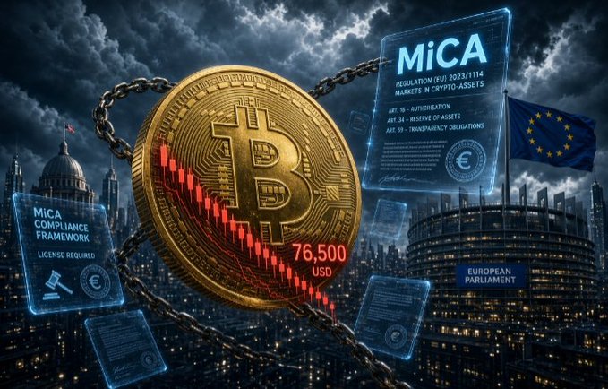 A digital illustration depicting a golden Bitcoin chained against a dark cityscape backdrop, surrounded by holographic EU regulation documents including text reading "MiCA REGULATION (EU) 2023/1114 MARKETS IN CRYPTO-ASSETS", "MiCA COMPLIANCE FRAMEWORK", and "EUROPEAN PARLIAMENT", with Bitcoin's price shown as "76,500 USD" alongside a red downward chart.