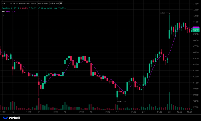 A Webull stock chart for CRCL (Circle Internet Group Inc) showing a 30-minute candlestick view with MA indicators, displaying price movement around $69.85 with volume bars at the bottom.