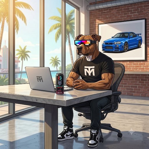 A cartoon illustration of a muscular anthropomorphic dog wearing sunglasses and a black t-shirt with "M" logo, sitting at a desk with a laptop, with a blue Subaru car poster on the wall behind.