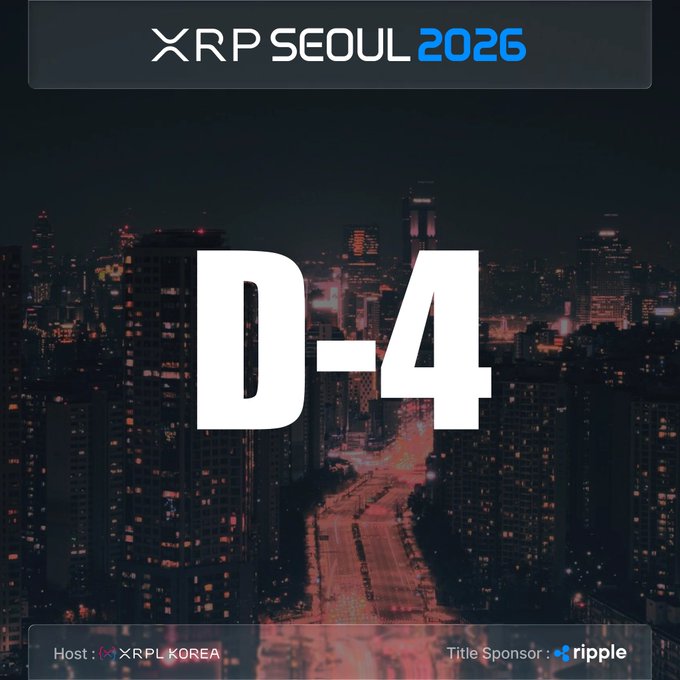 A countdown graphic for "XRP SEOUL 2026" displaying "D-4" over a nighttime cityscape, hosted by XRPL Korea with Ripple as the title sponsor, marking four days until the XRP/Web3 conference on October 3, 2026 at Grand Hyatt Seoul.