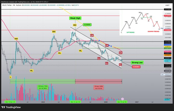 A TradingView chart of the VELO/USDT pair shows a weekly downtrend pattern with marked Lower Highs (LH) and Lower Lows (LL) descending from the 2024 peak near $0.0589, with annotations indicating a "Weak High" and a potential "Strong Low" at $0.003853 where price appears to have printed a final Lower Low, suggesting a possible bullish reversal setup toward a new Higher Low.