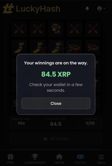 A screenshot from the LuckyHash app showing a winning notification of 84.5 XRP, with a message to check the wallet soon.
