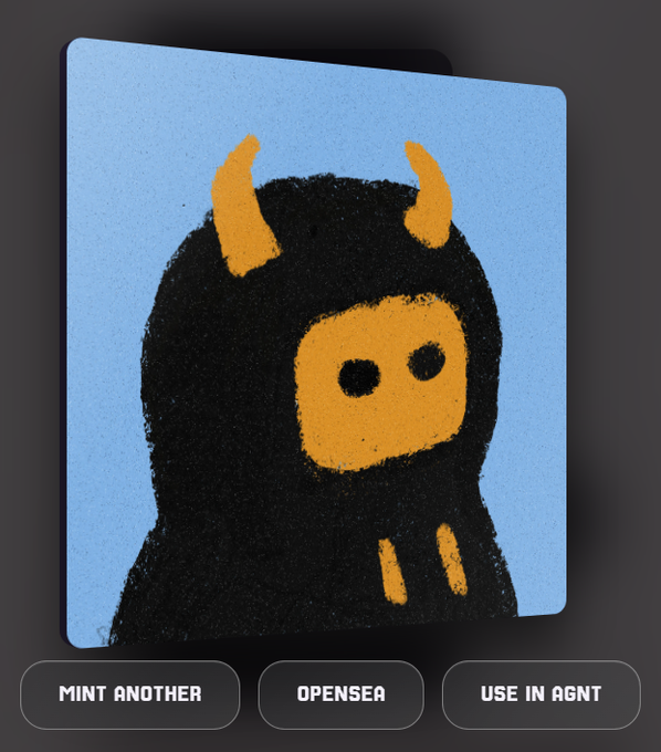 A stylized illustration of a hooded character with orange horns on a light blue background, displayed above three buttons labeled 'MINT ANOTHER', 'OPENSEA', and 'USE IN AGNT'.
