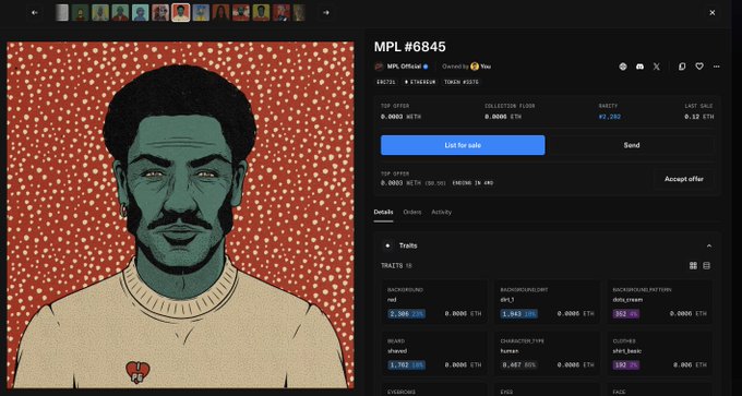 An NFT marketplace page showing MPL #6845 with a pixel art portrait of a man with green skin against a red patterned background, displayed on a platform called OpenSea.