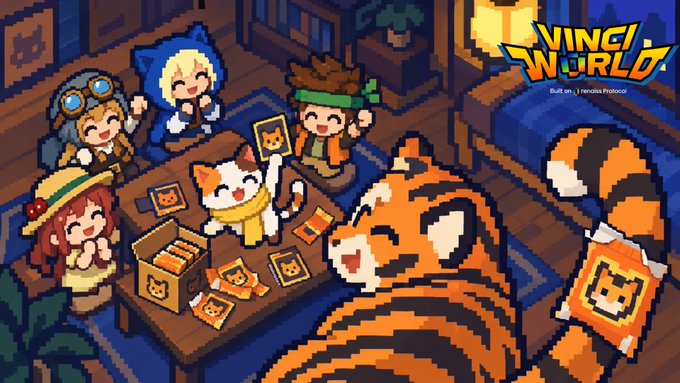Pixel art featuring the title 'VINCI WORLD' with the tagline 'Built on Heroes Protocol', depicting characters gathered around a table with cat-themed items while a large tiger-like creature rests nearby.