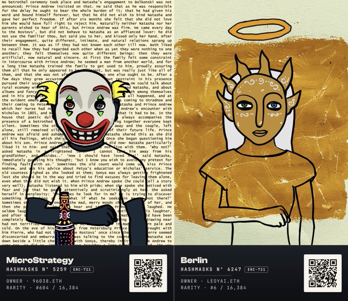 Two Hashmasks NFT cards are displayed side by side: "MieroStrategy" (#5259, owned by 96838.ETH, rarity 0604/16,384) featuring a yellow-haired clown, and "Berlin" (#6247, owned by LEOYAI.ETH, rarity #6/16,384) featuring a figure with a halo. Each card includes a QR code for easy sharing, supporting the post's message about making Hashmasks shareable with built-in provenance.
