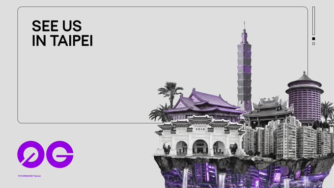 The image is a promotional graphic featuring the text "SEE US IN TAIPEI" alongside an artistic collage of iconic Taipei landmarks—including Taipei 101, a traditional Chinese-style building, and a pagoda-style tower—all tinted in purple. The "0G" logo appears in the bottom left with "FUTUREMODE Taipei" beneath it, tying the visual to the post's announcement of three upcoming 0G events in Taipei: the FUTUREMODE Taiwan expo, a Pengu Garden collaboration with Pudgy Penguins and Deepcoin, and a 0G Taipei Hackathon offering $3,000 in prizes.