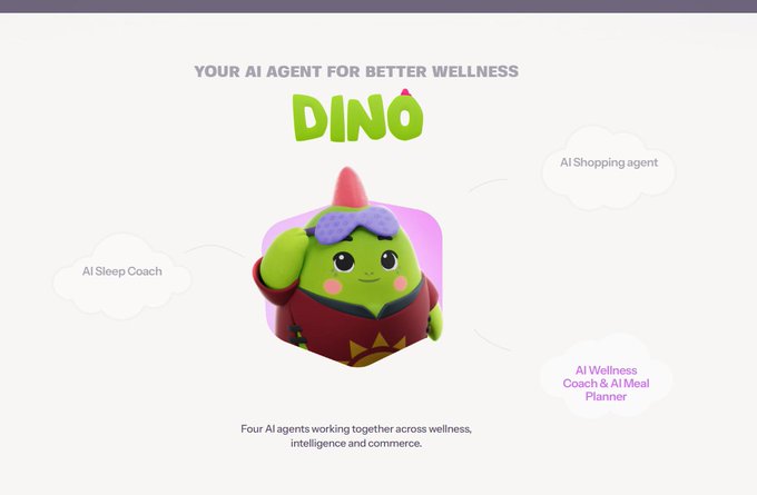 A promotional graphic featuring a green cartoon dinosaur character wearing sunglasses, introducing 'DINO - YOUR AI AGENT FOR BETTER WELLNESS,' with four AI agents: AI Sleep Coach, AI Shopping agent, AI Wellness Coach & AI Meal Planner.
