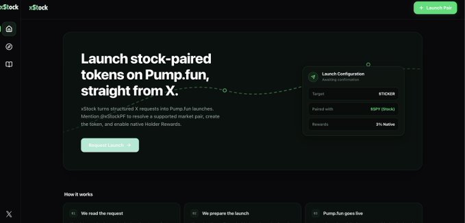 An xStock website screenshot with the headline 'Launch stock-paired tokens on Pump.fun, straight from X,' describing how the platform turns X requests into Pump.fun launches, with a Launch Configuration panel showing ticker $TICKR paired with $SPY, offering 3% Native rewards.