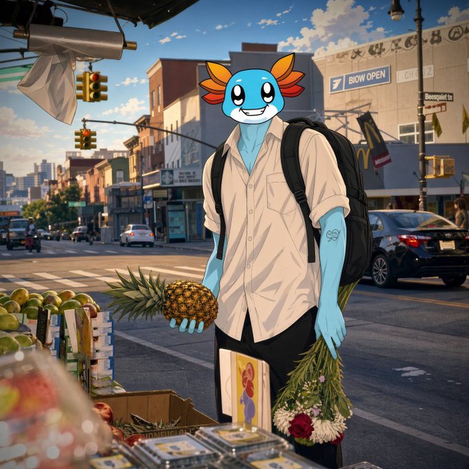 An anime-style illustration of a blue axolotl character wearing a white shirt and backpack, holding a pineapple and a bouquet of flowers on a city street with a fruit stand in the foreground.