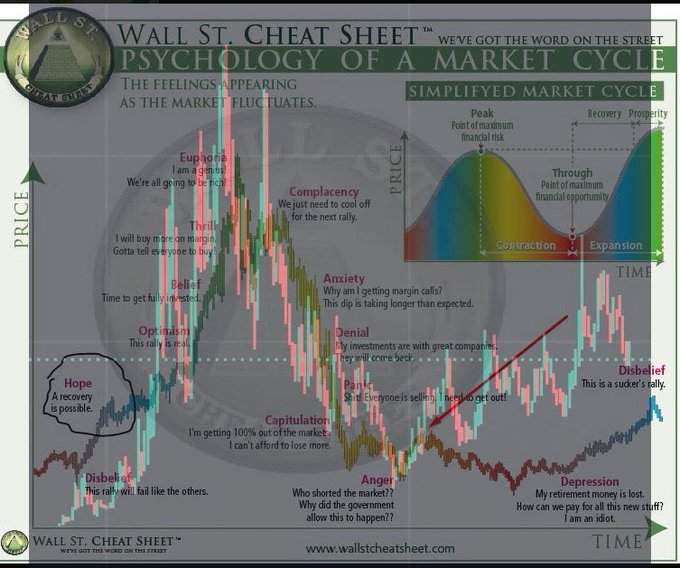 The 'Wall St. Cheat Sheet' chart illustrating 'Psychology of a Market Cycle' with emotional stages including Hope, Disbelief, Optimism, Belief, Thrill, Euphoria, Complacency, Anxiety, Denial, Panic, Capitulation, Anger, Depression, and Disbelief mapped against price and time.