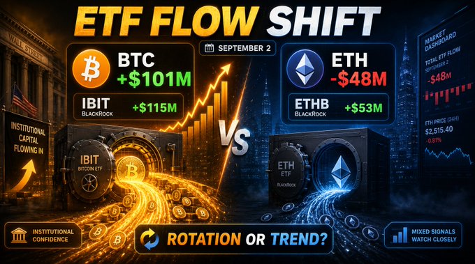 An infographic titled 'ETF FLOW SHIFT' dated September 2 compares BTC and ETH flows, showing BTC gaining +$101M (IBIT +$115M) versus ETH losing -$48M (ETHB +$53M), asking 'ROTATION OR TREND?'