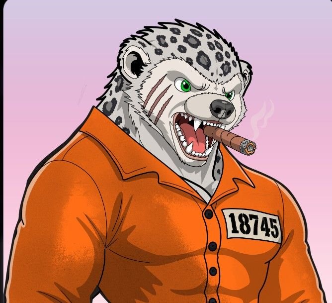 An illustrated anthropomorphic snow leopard wearing an orange prison jumpsuit with the number 18745, smoking a cigar with an aggressive expression.