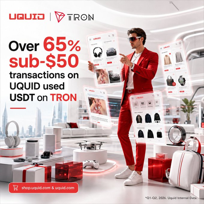 An advertisement for UQUID and TRON states "Over 65% sub-$50 transactions on UQUID used USDT on TRON," featuring a man in a red suit pointing at floating shopping interface panels displaying various products.