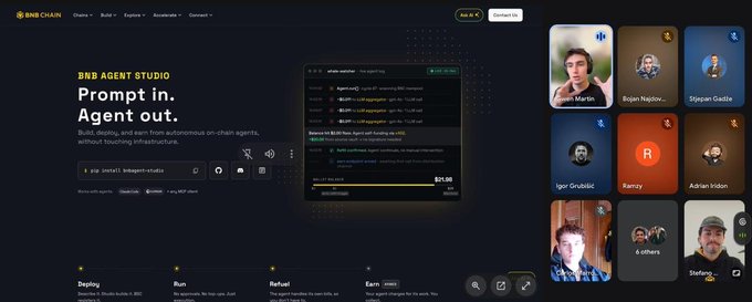 A screenshot of the BNB Chain website for 'BNB AGENT STUDIO' with the tagline 'Prompt in. Agent out.', showing a coding interface and a grid of user profile pictures on a video call.