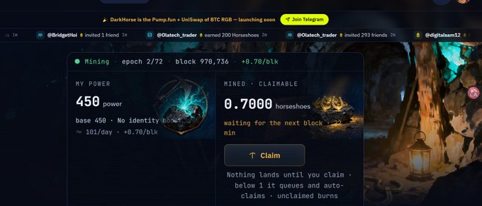 A screenshot of a cryptocurrency mining dashboard titled "DarkHorse is the Pump.fun + UniSwap of BTC RGB" showing 450 mining power, 0.7000 horseshoes claimable, and a "Claim" button, with a "Join Telegram" link in the top right.