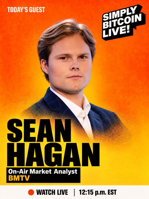 A promotional graphic for 'Simply Bitcoin Live!' featuring guest Sean Hagan, identified as an On-Air Market Analyst for BMTV, scheduled to watch live at 12:15 p.m. EST.