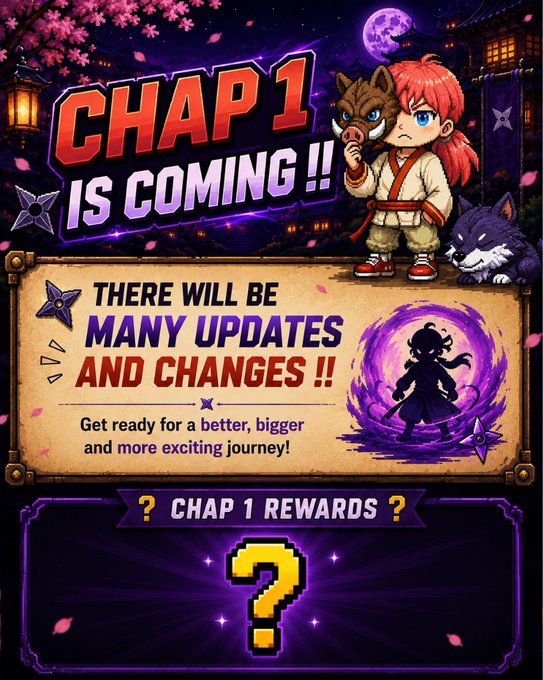Game promotional graphic announcing 'CHAP 1 IS COMING!!' featuring a red-haired anime character with a boar mask, with text 'THERE WILL BE MANY UPDATES AND CHANGES!!' and 'CHAP 1 REWARDS ?' sections.