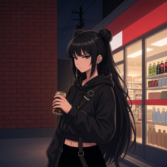 An anime-style illustration of a young woman with long black hair in twin buns, wearing a dark hoodie and holding a canned drink outside a convenience store at night.