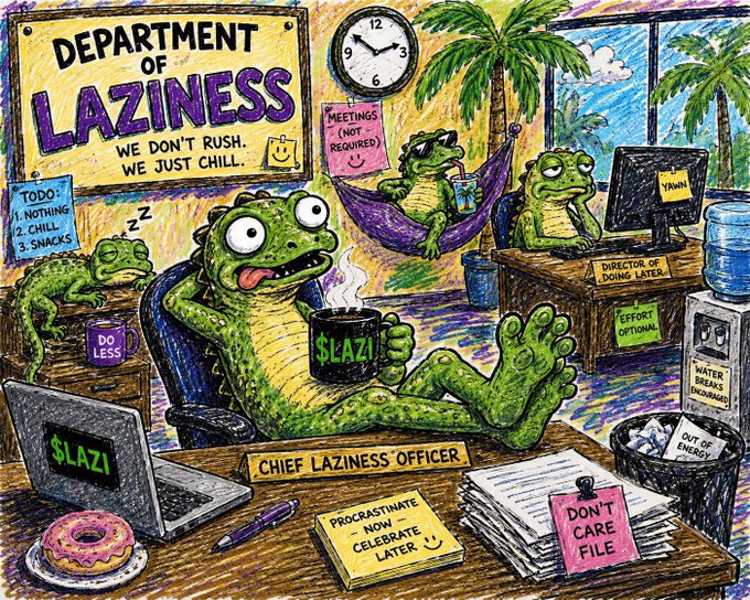 A cartoon illustration depicts the "Department of Laziness" where frogs lounge in hammocks and office chairs amid signs reading "We don't rush, we just chill," "Meetings (Not Required)," "Procrastinate Now - Celebrate Later," and a "$LAZI" laptop and mug, perfectly matching the post's branding of the $Lazi meme coin as the lazy and legendary alpha token.