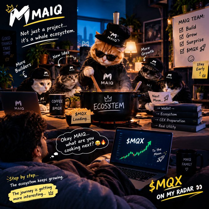 A promotional graphic for MAIQ showing cats in MAIQ hats cooking in an 'Ecosystem' pot, surrounded by text like 'Not just a project... it's a whole ecosystem,' '$MQX ON MY RADAR,' and a '$MQX' chart going 'To the Moon,' with a person watching from bed asking 'Okay MAIQ.. what are you cooking next?', watermarked 'Blockworks'.