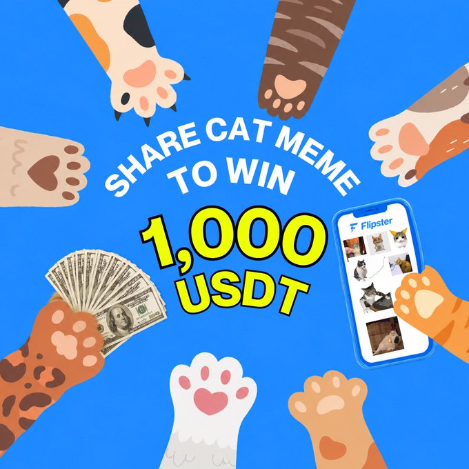 The image is a promotional graphic for a Flipster contest, featuring colorful cartoon cat paws surrounding the text "SHARE CAT MEME TO WIN 1,000 USDT," along with illustrations of cash and a smartphone displaying the Flipster app with cat photos. The design visually reinforces the post's call to action, inviting users to submit their best cat memes for a chance to win the cryptocurrency reward.