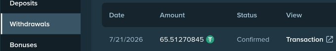 The image shows a "Withdrawals" section displaying a confirmed transaction dated 7/21/2026 for the amount 65.51270845, illustrating the user's successful rakeback-to-cashout at Stake as mentioned in the post.
