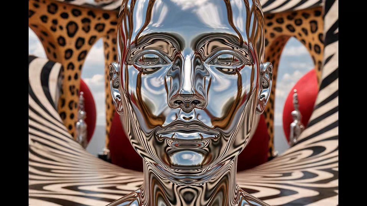A surreal 3D rendering of a reflective chrome humanoid face with zebra-striped and leopard-print patterned backgrounds and armchairs.